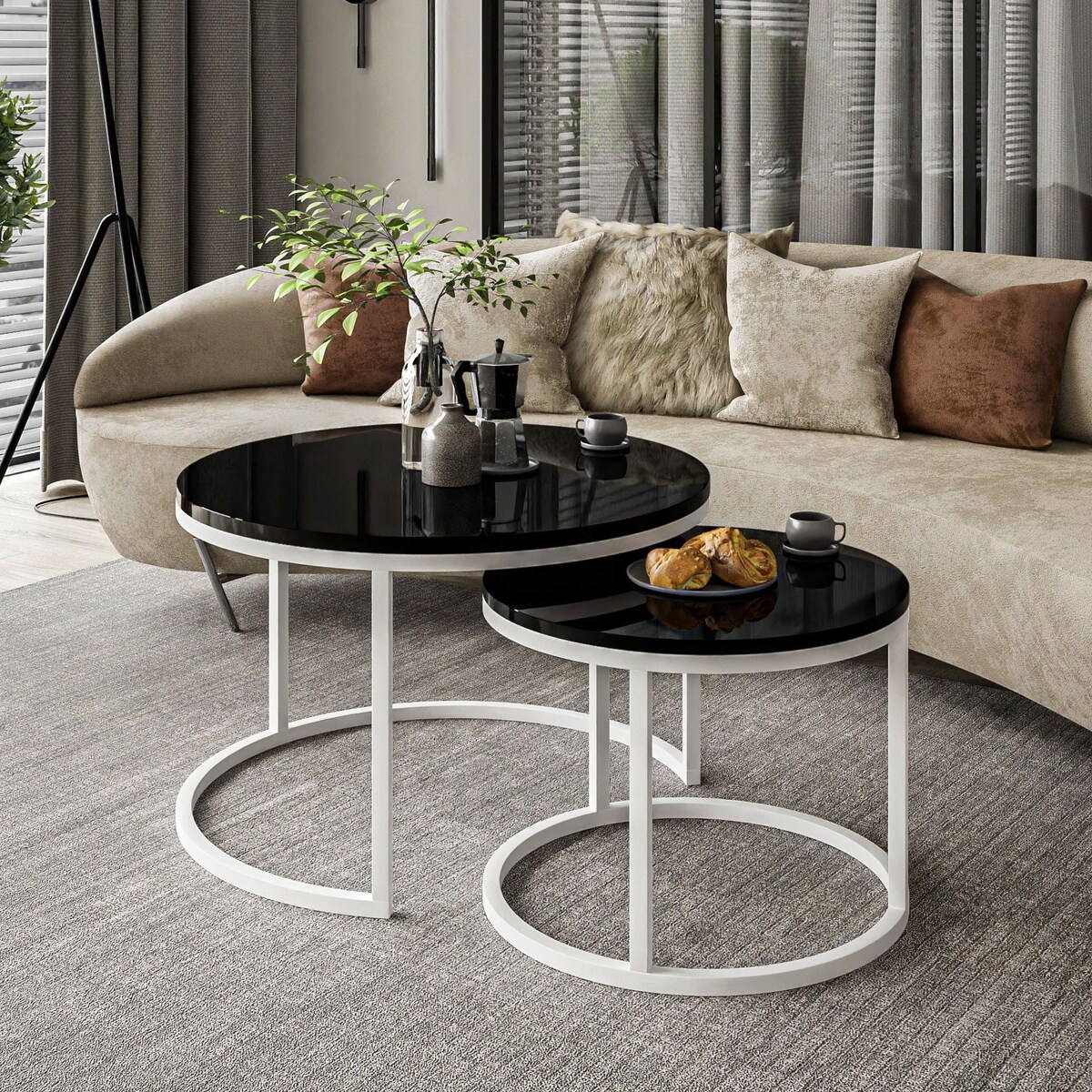 Okrągły stolik kawowy CIRI 2w1 biały czarny połysk 70/50 cm