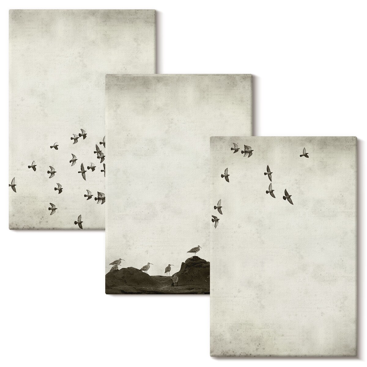 Zestaw 3 dużych obrazów na płótnie - Ptaki w locie styl minimalistyczny - beżowy