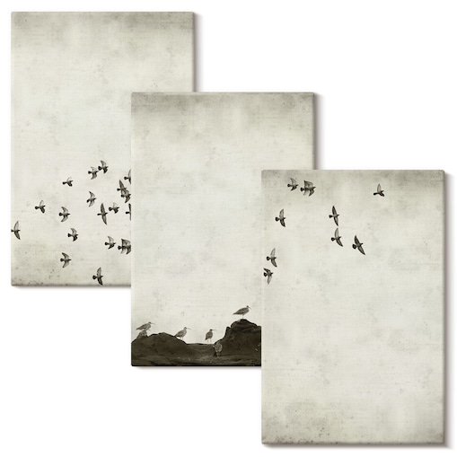 Zestaw 3 dużych obrazów na płótnie - Ptaki w locie styl minimalistyczny - beżowy