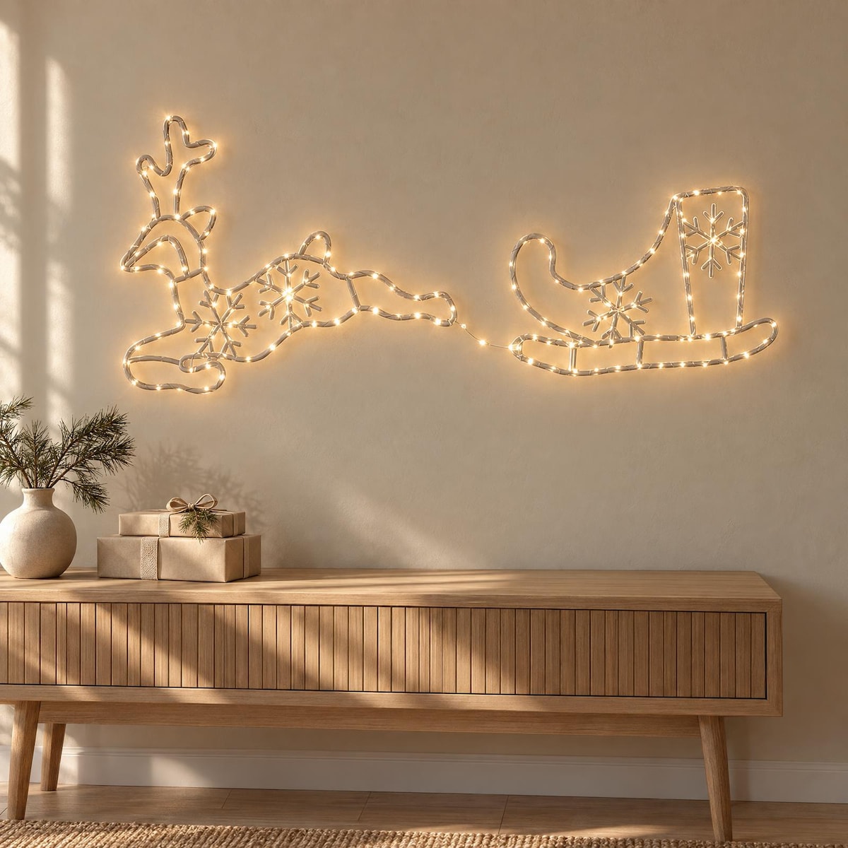 Renifer z saniami, dekoracja świetlna 180 LED, 130 x 51 cm