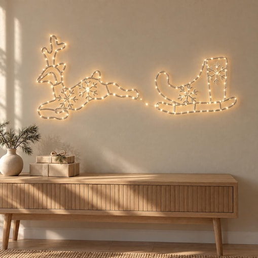 Renifer z saniami, dekoracja świetlna 180 LED, 130 x 51 cm