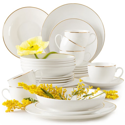 KONSIMO AD BELLA, Zestaw obiadowo-kawowy 6 os. (30 el.), kolor ecru/złoty