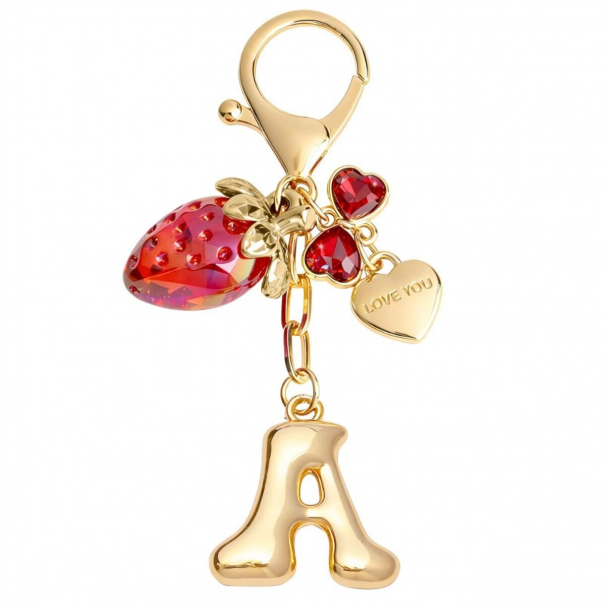 Brelok do kluczy złota LITERKA "A", TRUSKAWKA, czerwone SERCA BRL413A