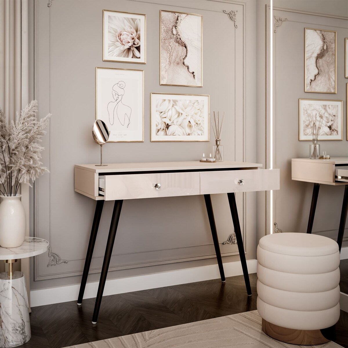 Konsola SIENNA KASZMIR na skośnych, czarnych nóżkach, uchwyt biały kryształ