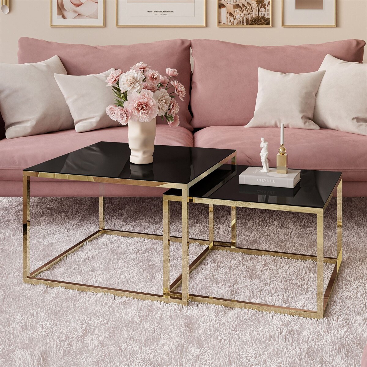 Stolik kawowy YOSHI 2w1 złoty chrom czarne szkło