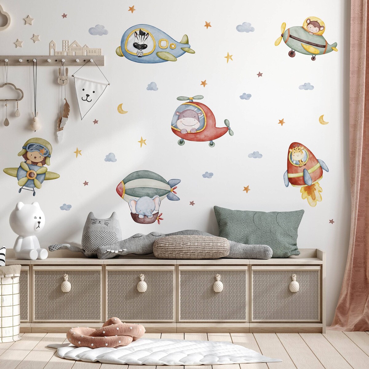 Naklejki Dla Dzieci Zwierzątka Chmury Gwiazdy Styl Boho Samoloty ZESTAW 120x60cm