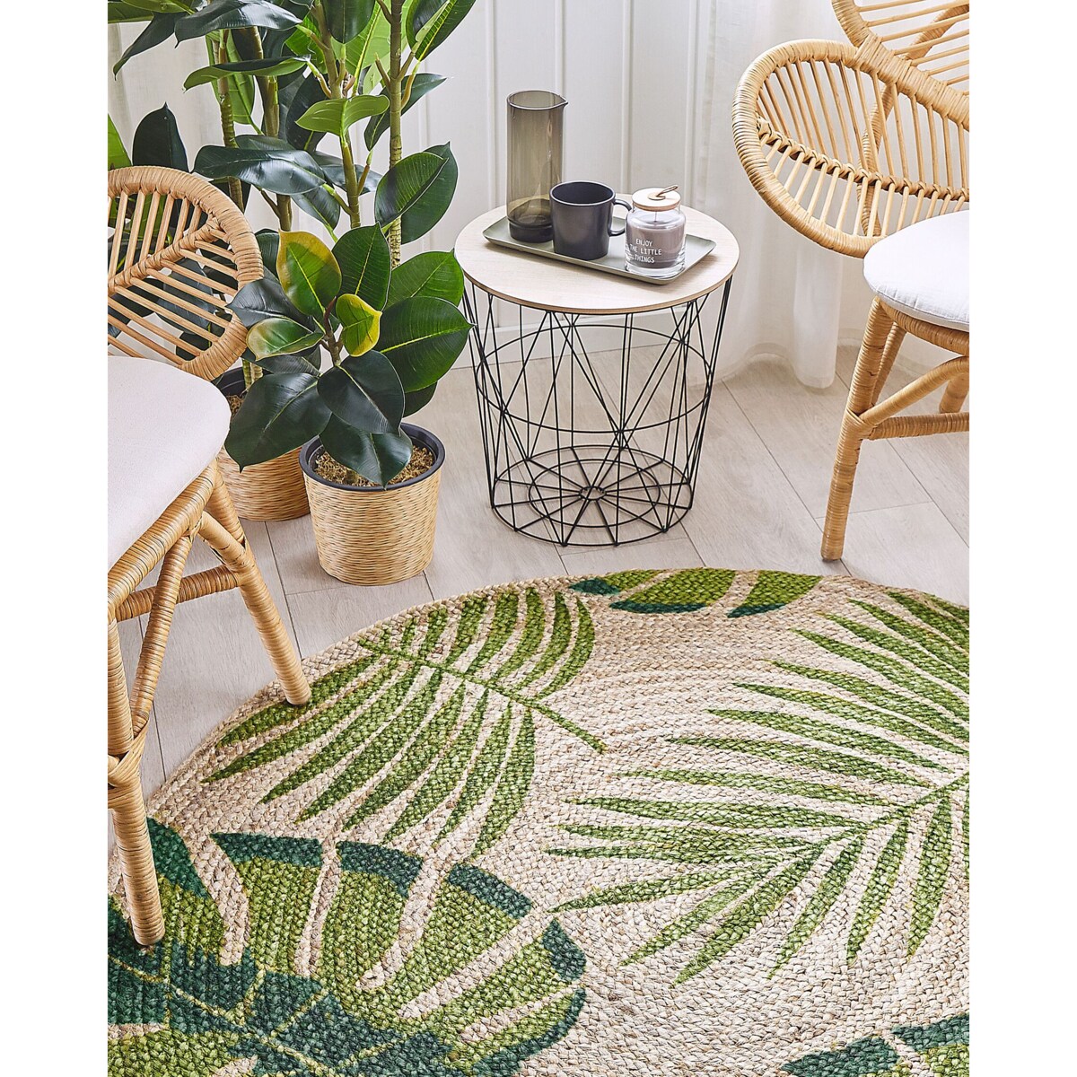 Dywan okrągły z juty w liście ⌀ 140 cm beżowo-zielony BUGAY
