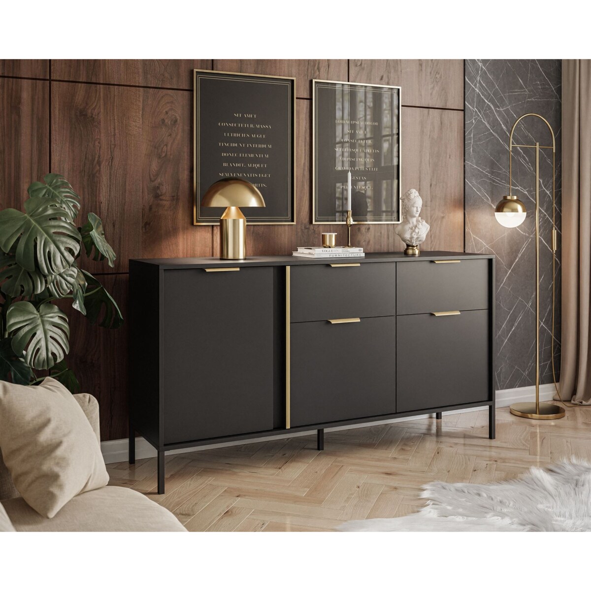 Komoda z szufladami LARETTO 153 cm 3D2S antracyt, nóżki czarne