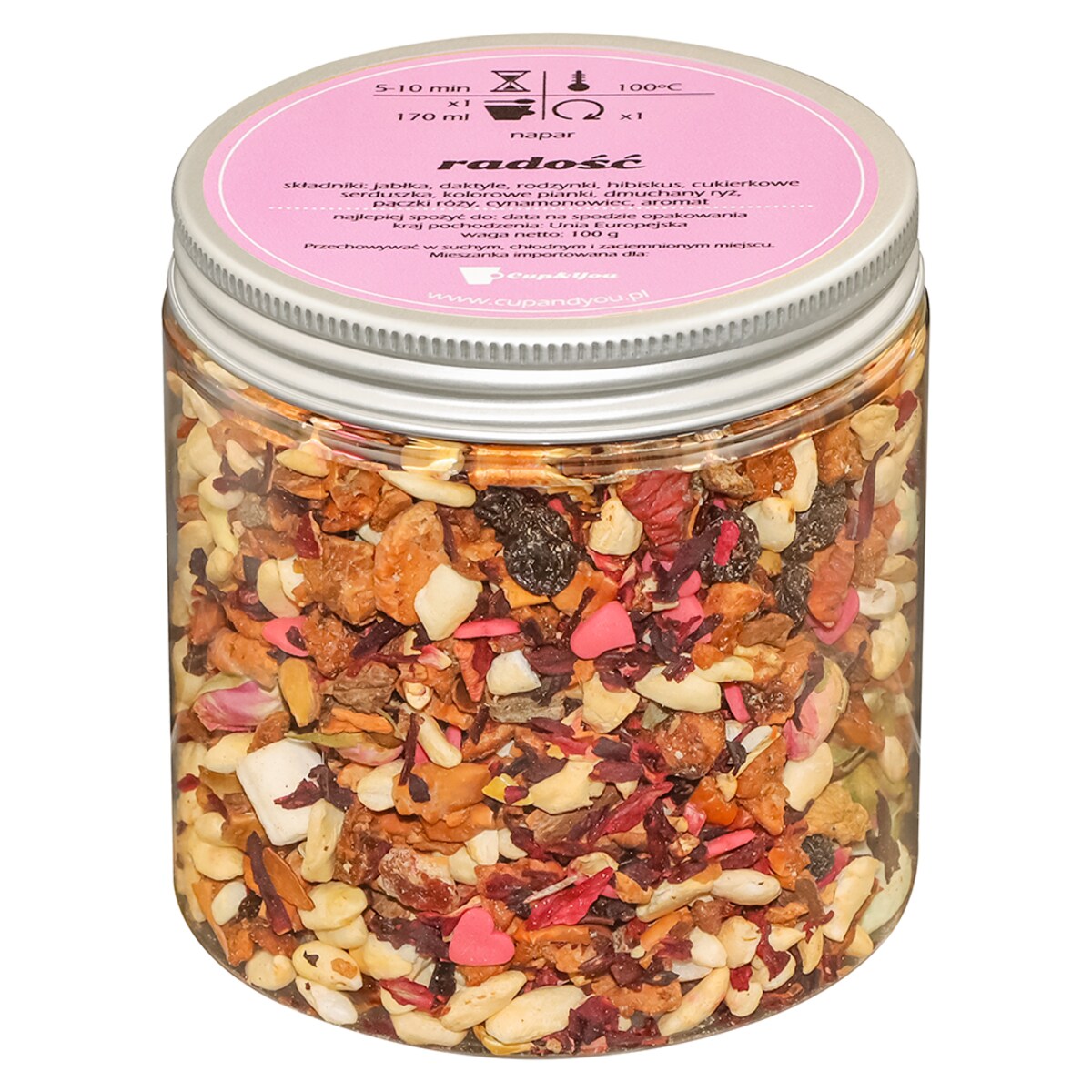 Big Box Thank You z herbatą - Zestaw sypanych herbat smakowych THANK YOU: 10 saszetek - 10szt x 5/8g z herbatą o różnych smakach,Kubek z zaparzaczem i pokrywką brzoskwiniowy ,Świeca sojowa Świeża Werb