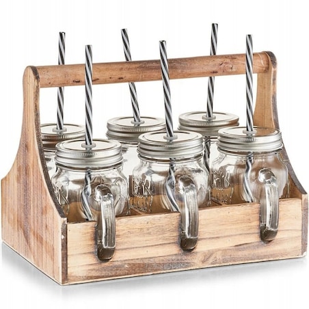 Komplet 6 x Szklany Słoik ze Słomką na Napoje Skrzynka Taca na Piknik Zeller