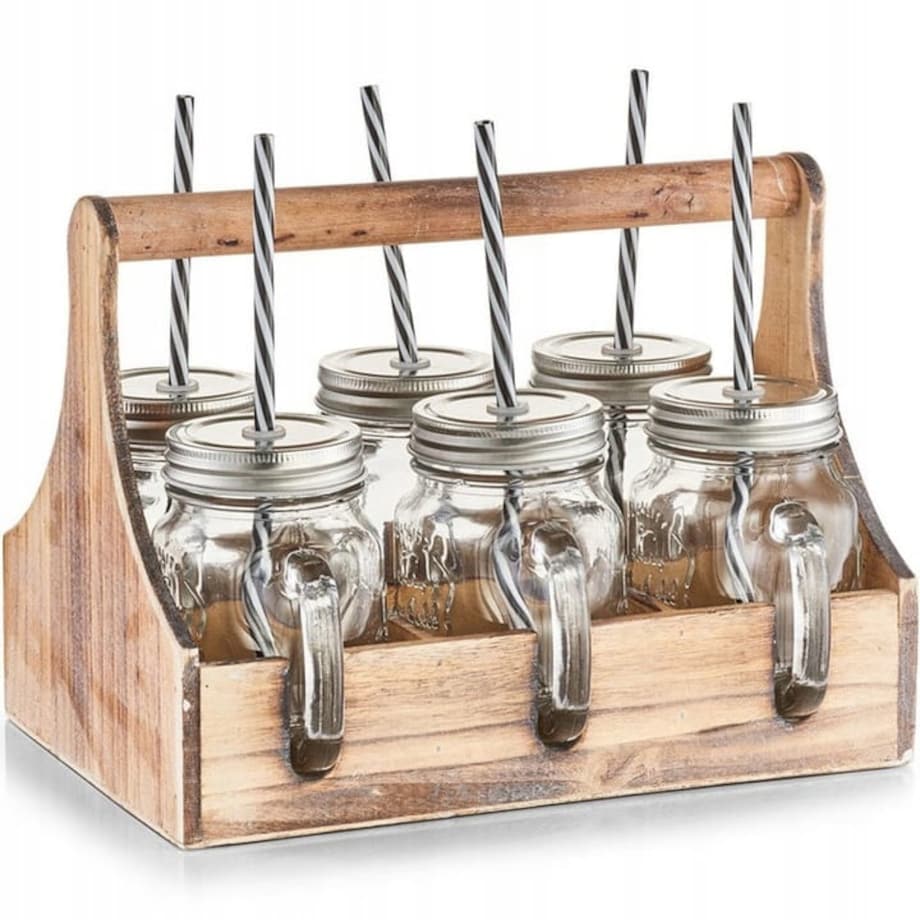 Komplet 6 x Szklany Słoik ze Słomką na Napoje Skrzynka Taca na Piknik Zeller
