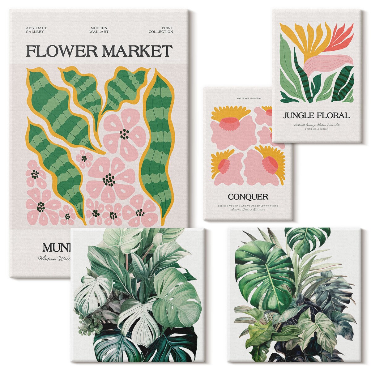 Zestaw 5 obrazów na płótnie - Roślinne motywy boho kwiaty - zielony