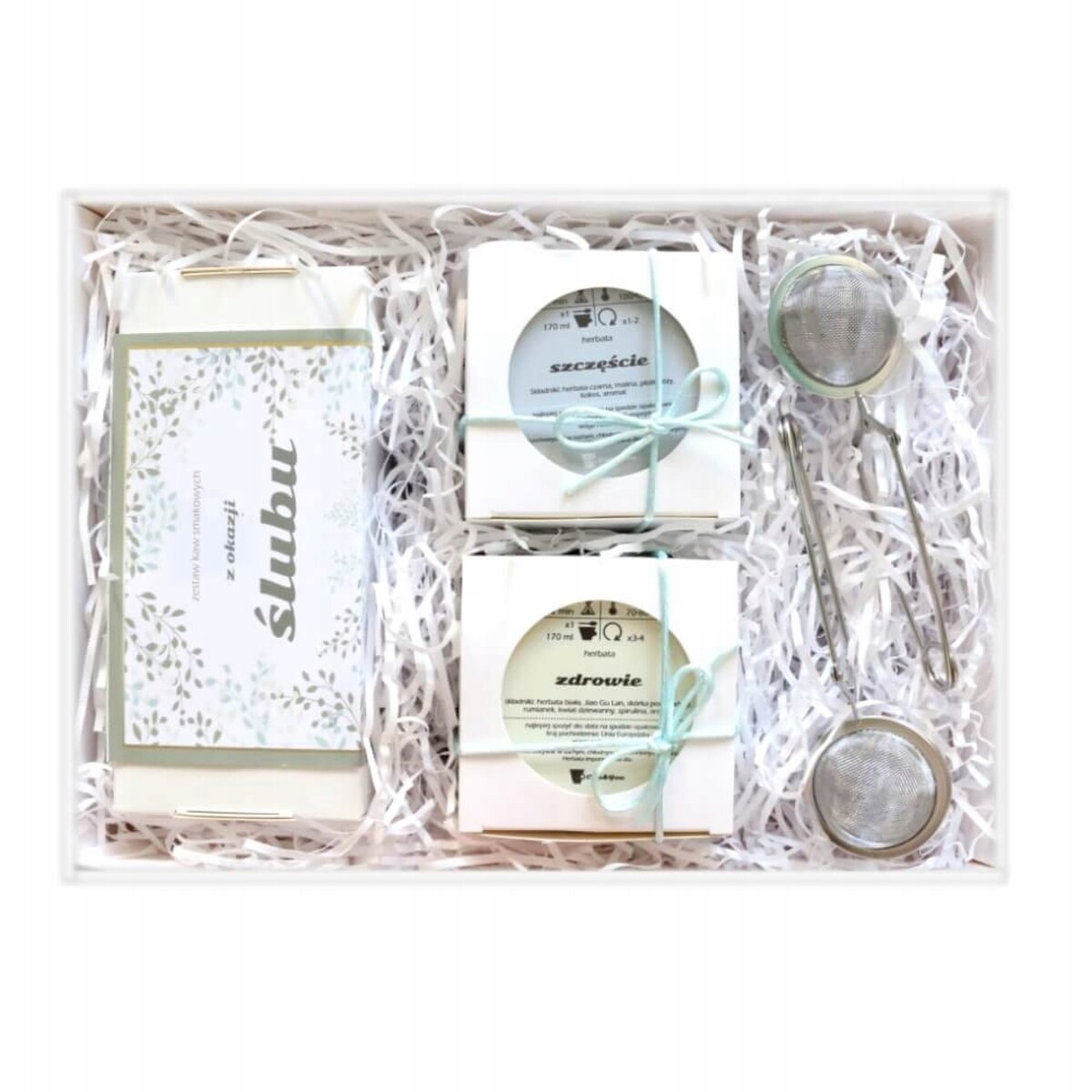 ŚLUBNY PREZENT UPOMINEK DLA MŁODEJ PARY NOWOŻEŃCÓW NA ŚLUB WESELE - BOX KOSZ PREZENTOWY UPOMINKOWY - ZESTAW KAW SMAKOWYCH HERBATY ZAPARZACZE