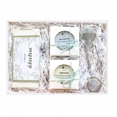 ŚLUBNY PREZENT UPOMINEK DLA MŁODEJ PARY NOWOŻEŃCÓW NA ŚLUB WESELE - BOX KOSZ PREZENTOWY UPOMINKOWY - ZESTAW KAW SMAKOWYCH HERBATY ZAPARZACZE