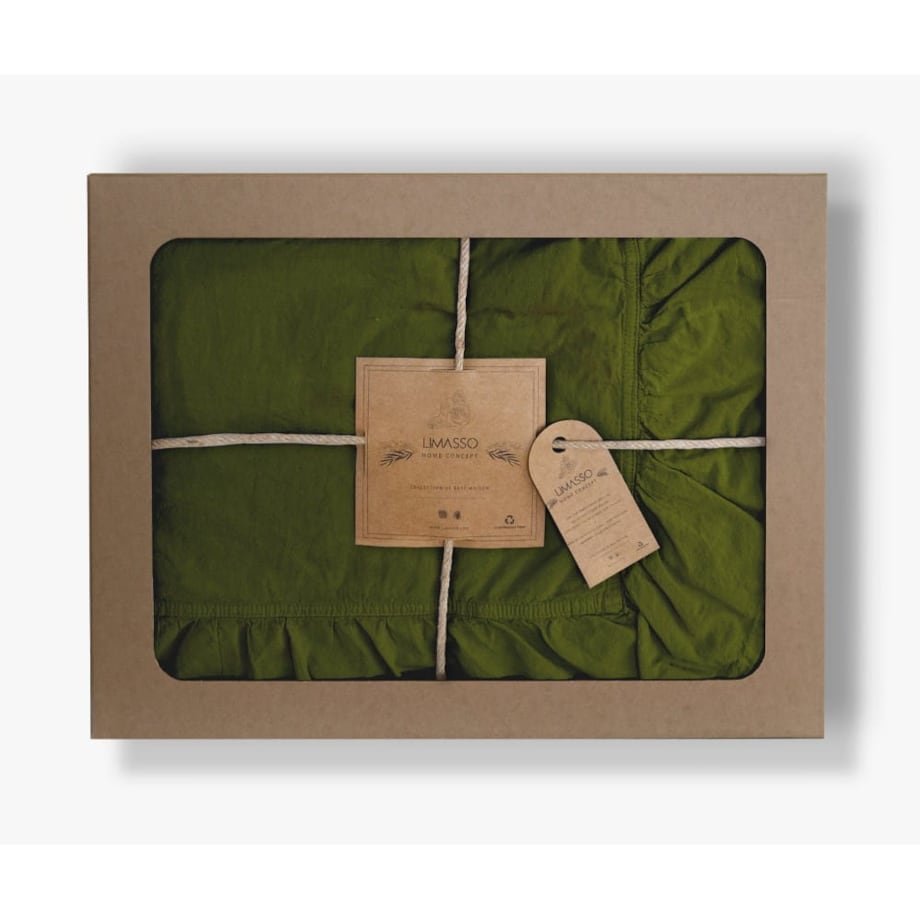 Pościel bawełniana 160x200 z falbanką Stonewashed Exclusive, Oliwka