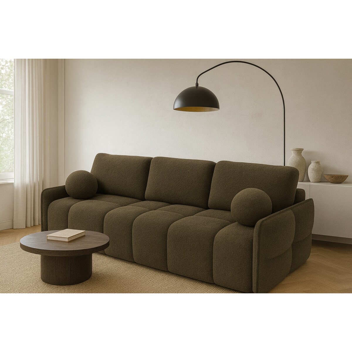 Kanapa z funkcją spania EMILI, obita tkaniną Abriamo, kolor taupe