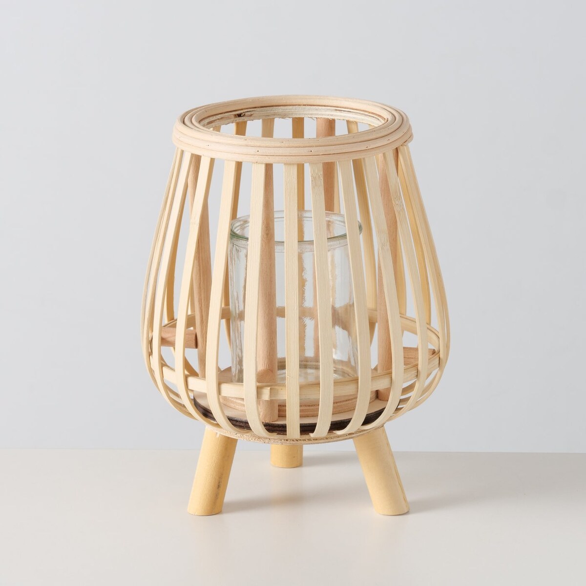 Świecznik bambusowy ze szklanym wkładem TORLA, 23 cm