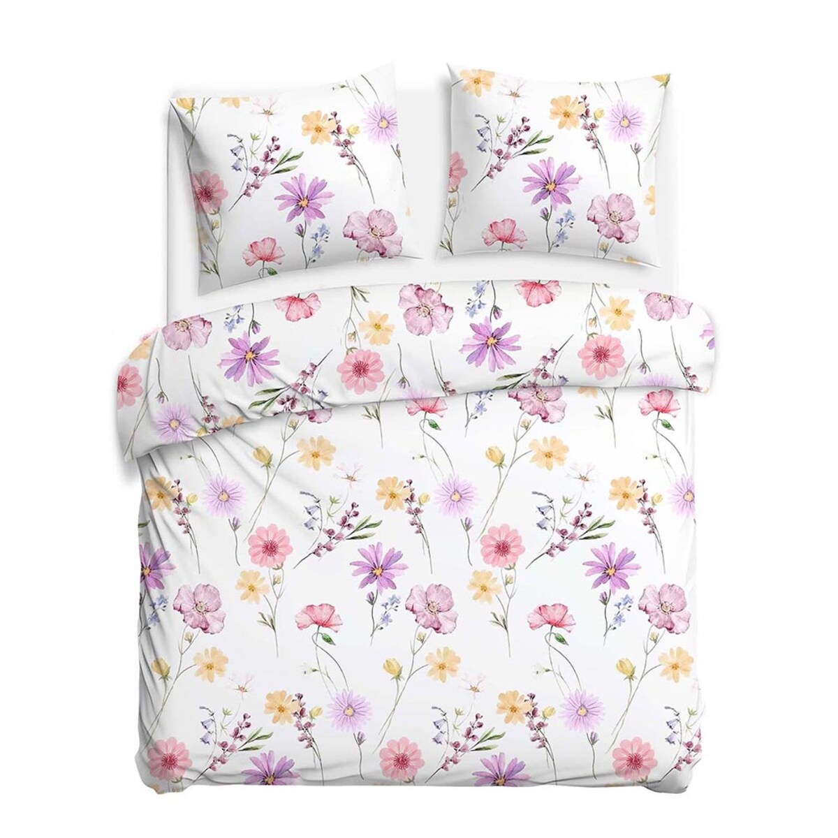 Pościel satyna bawełniana 220x200 Vellia biała w pastelowe kolorowe kwiaty akwarelowe, Satynlove