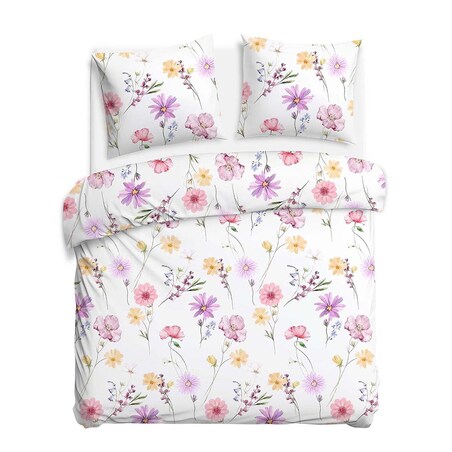 Pościel satyna bawełniana 220x200 Vellia biała w pastelowe kolorowe kwiaty akwarelowe, Satynlove