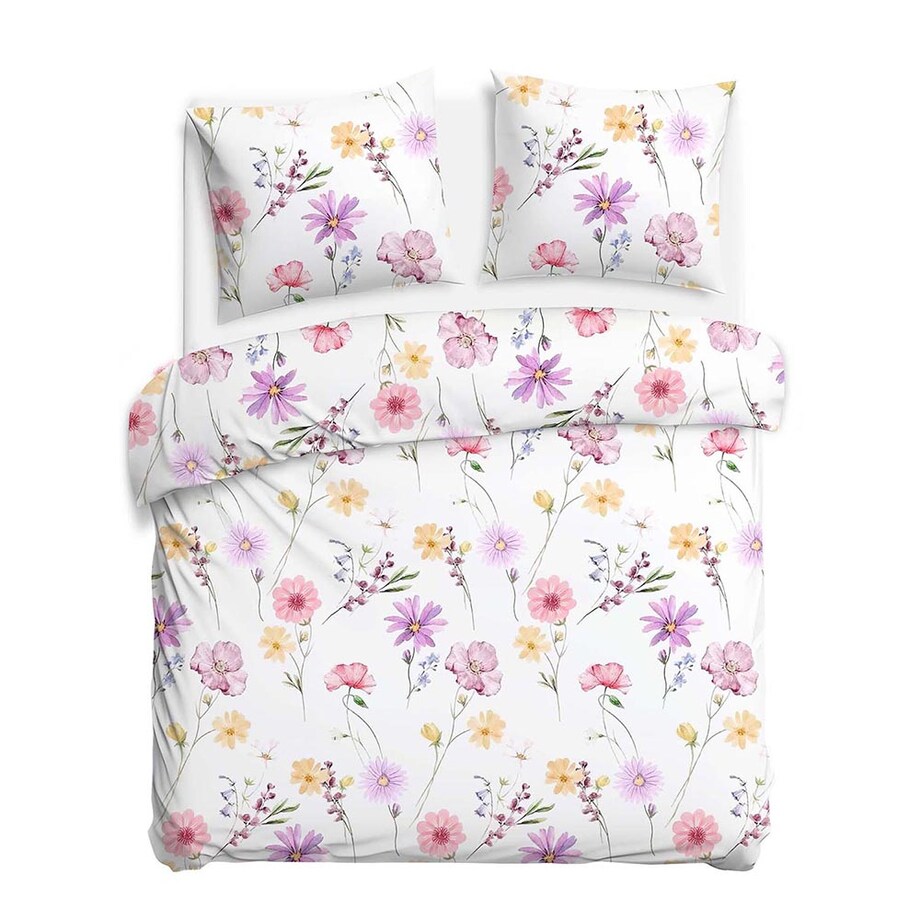 Pościel satyna bawełniana 220x200 Vellia biała w pastelowe kolorowe kwiaty akwarelowe, Satynlove