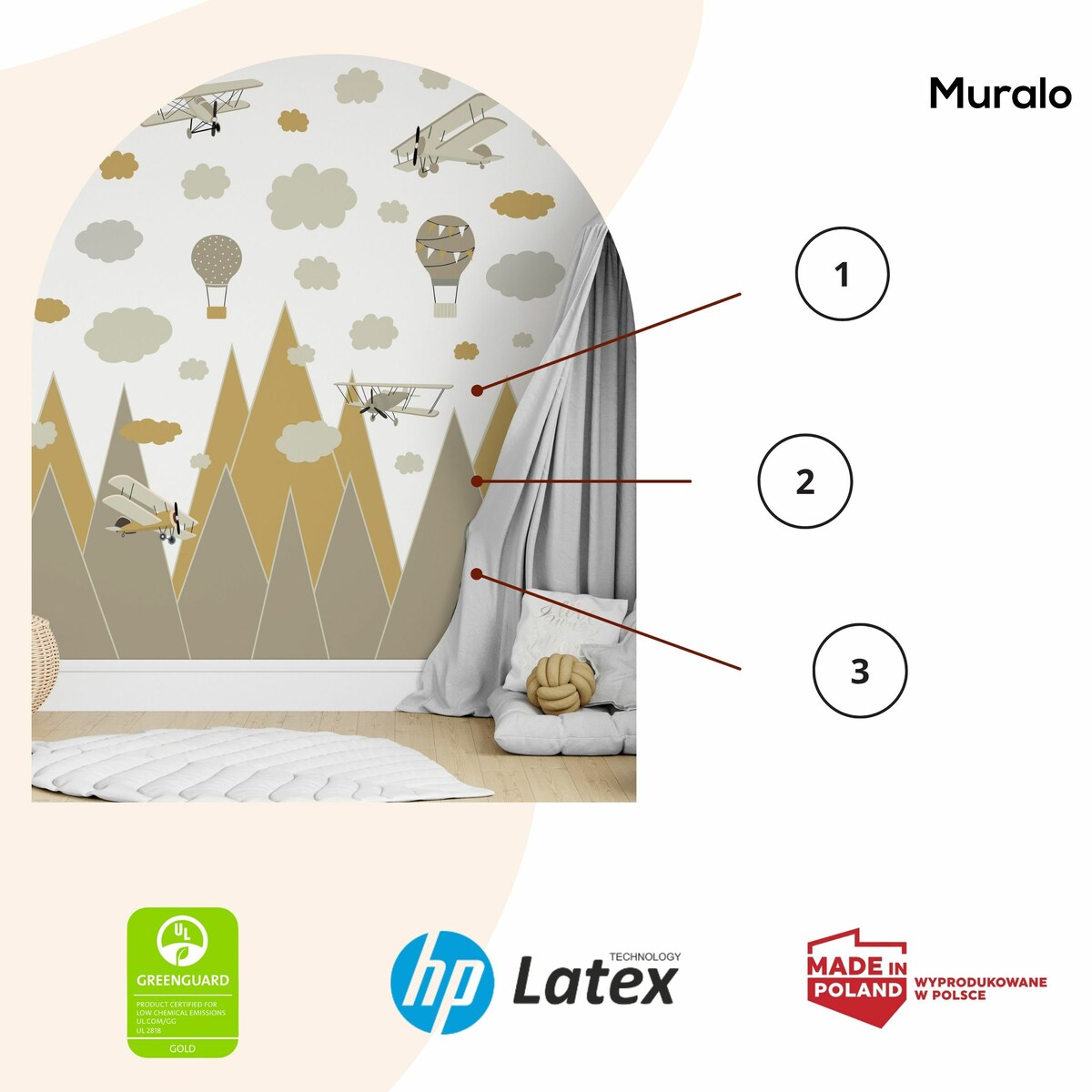 NAKLEJKI NA ŚCIANĘ DLA DZIECI BRĄZOWE GÓRY BALONY SAMOLOTY VINTAGE ZESTAW