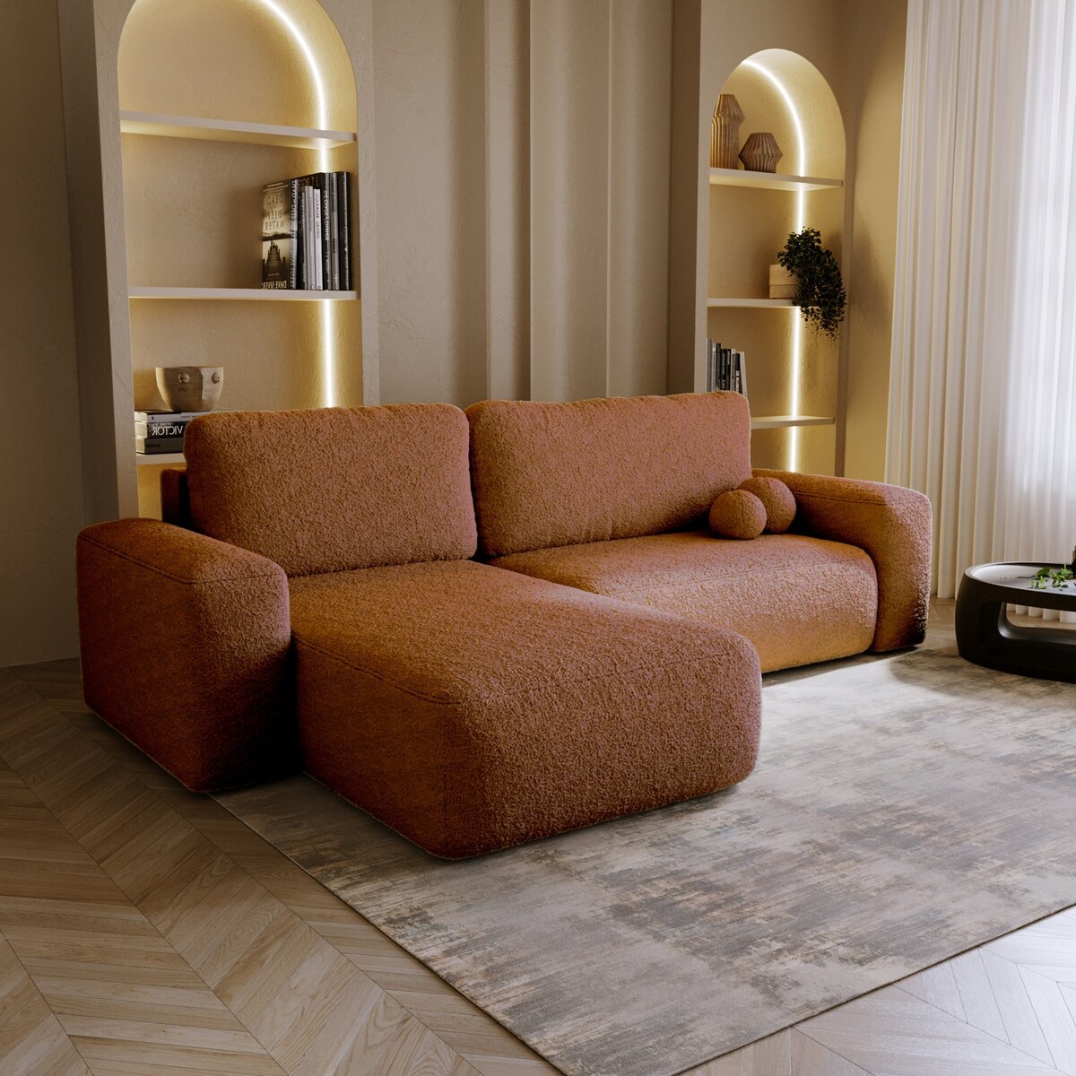 Narożnik Lewy ILO z funkcją spania i pojemnikiem na pościel, ceglasty