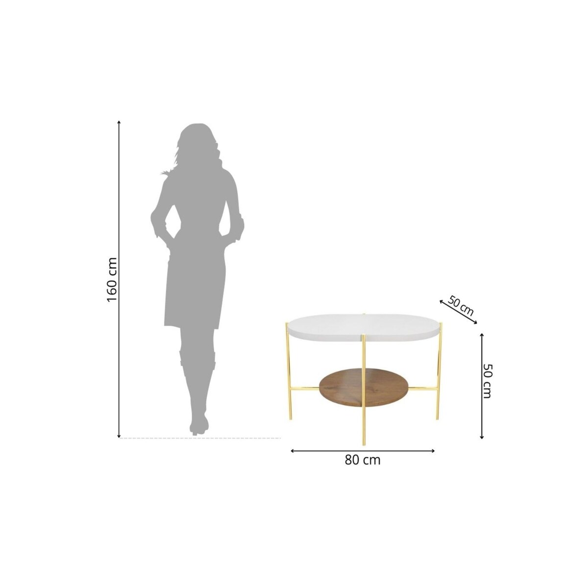 Nowoczesny stolik kawowy Dancan ARENA / złota podstawa + biały i dębowy blat