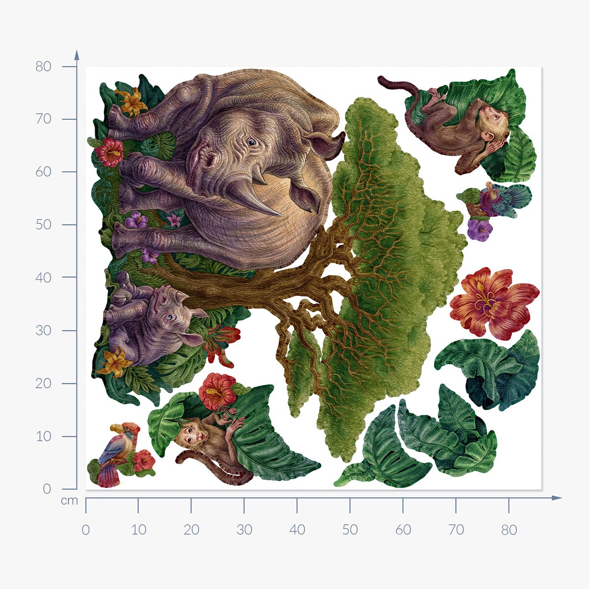 Zestaw naklejek na ścianę, Rysunkowe dzikie zwierzęta, 80cm