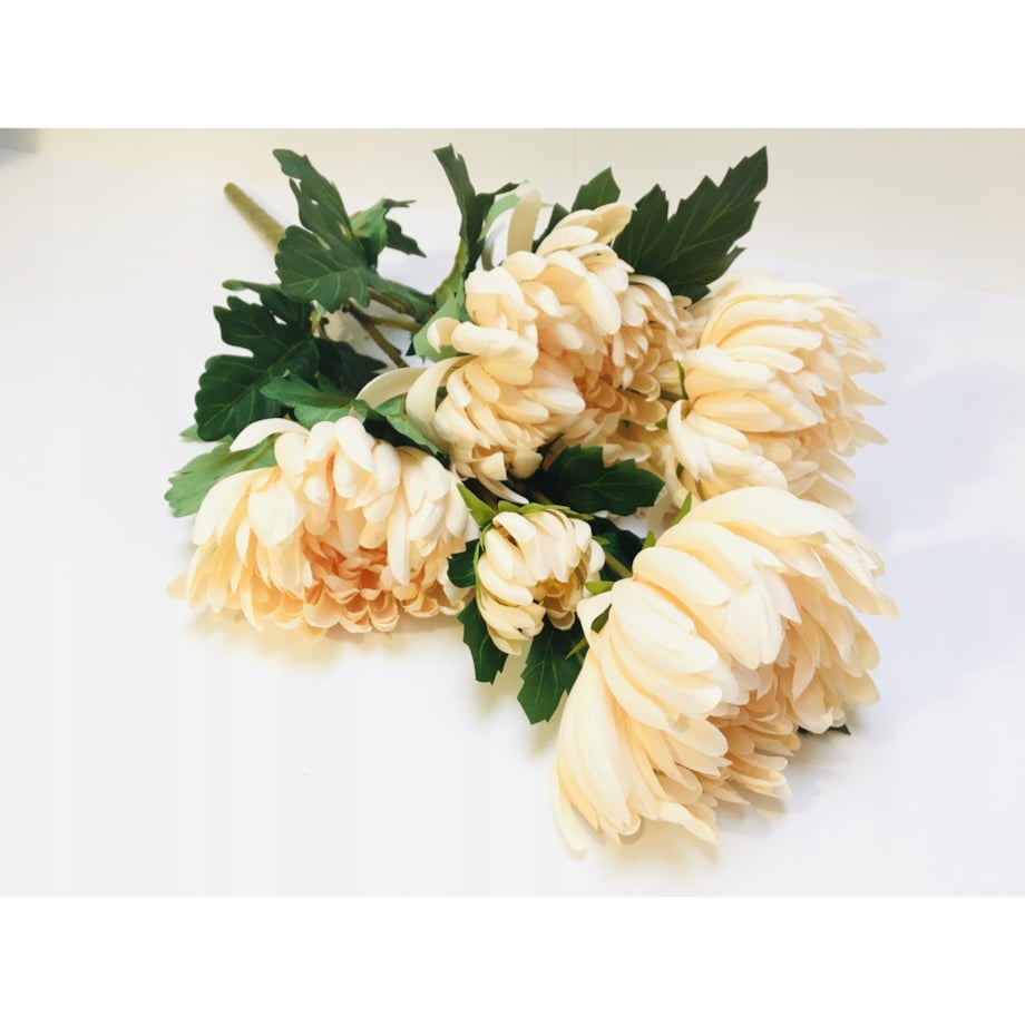 BUKIET DUŻY chryzantemy sztuczne kremowe LIŚCIE do flakonu na cmentarz grób