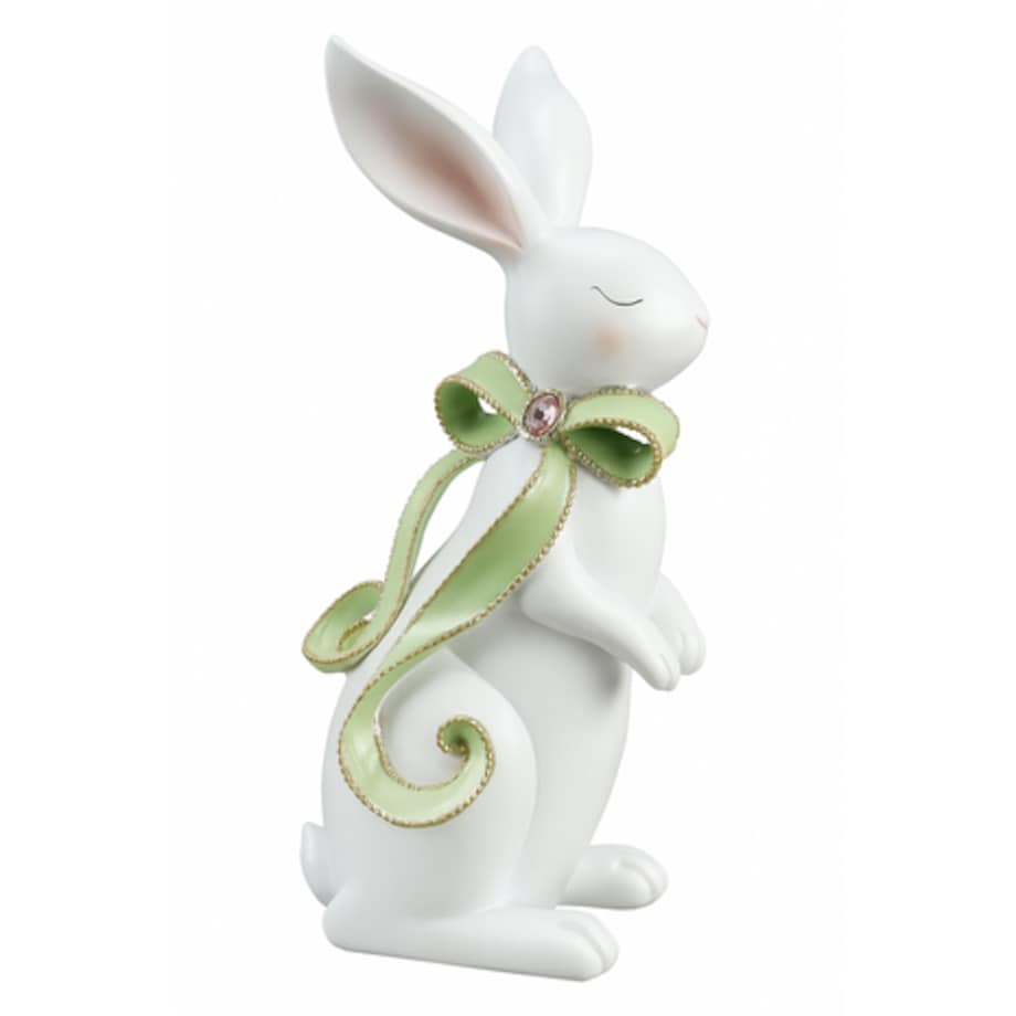 Dekoracja - królik ceramiczny 31,7x15x13 cm BUNNY-3 z zieloną długą kokardką