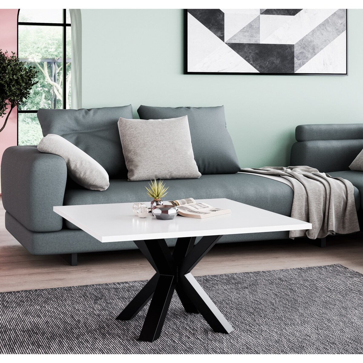 Stolik kawowy NEO kwadratowy 80x80 z metalową podstawą- biały