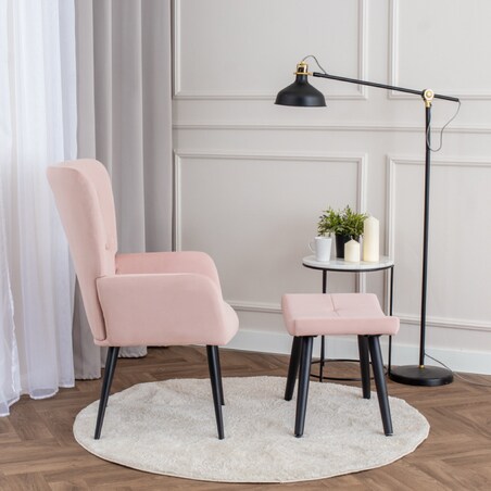 Fotel uszak z podnóżkiem do salonu wypoczynkowy welurowy tapicerowany różowy