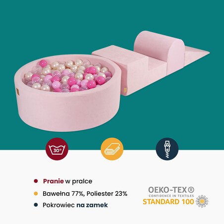 Piankowy Plac Zabaw z Basenem 230x45cm/200 Piłek dla Dziecka, Velvet, Pudroworóżowy: Białe/Pasteloworóżowe