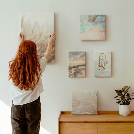 Zestaw 5 obrazów na płótnie - Naturalne pejzaże boho etno - beżowy