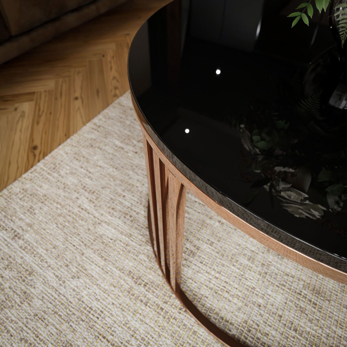 Okrągły stolik kawowy LORI połysk z miedzianym stelażem, czarny połysk