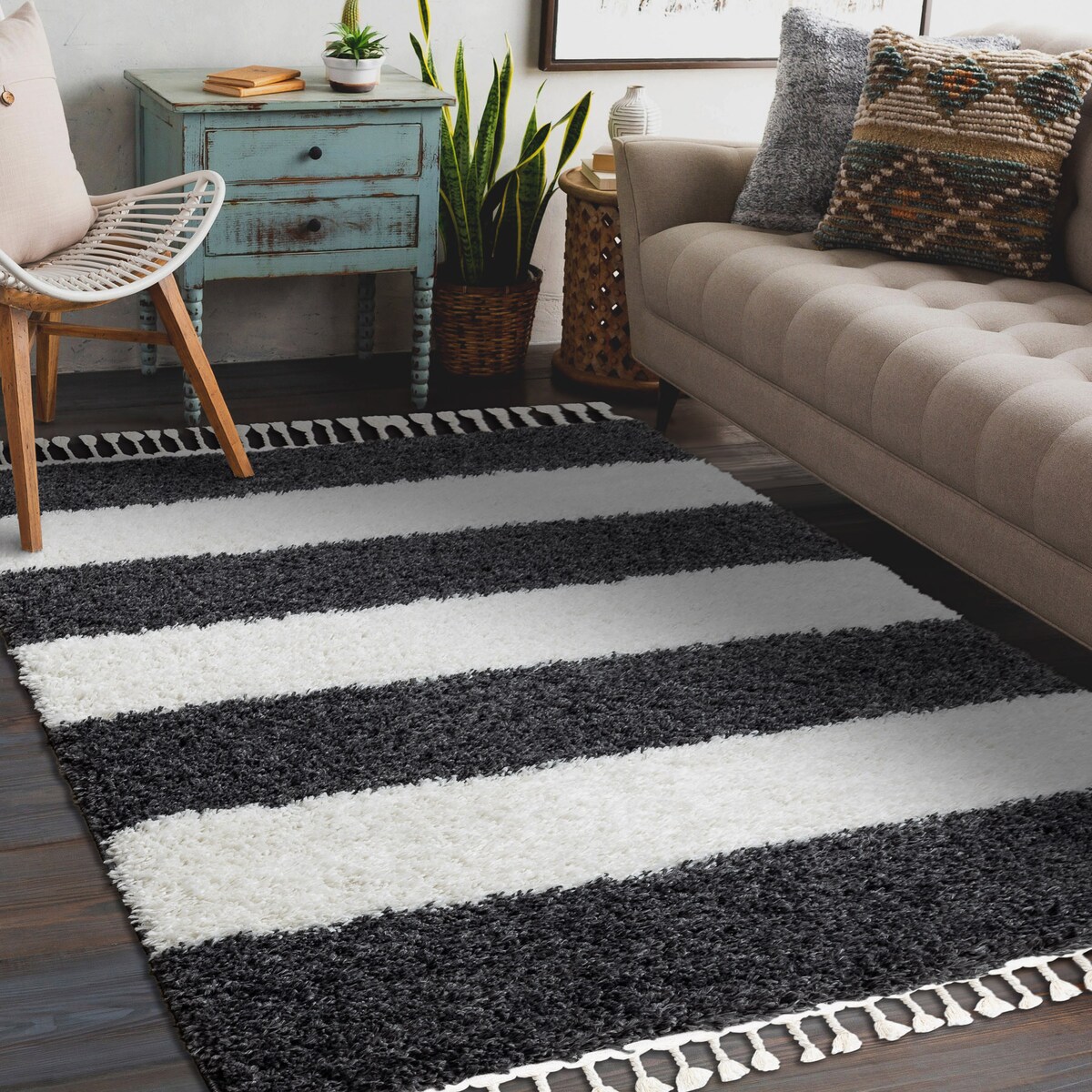 Dywan UNION 4079 Pasy szary / krem Frędzle 140x190 cm