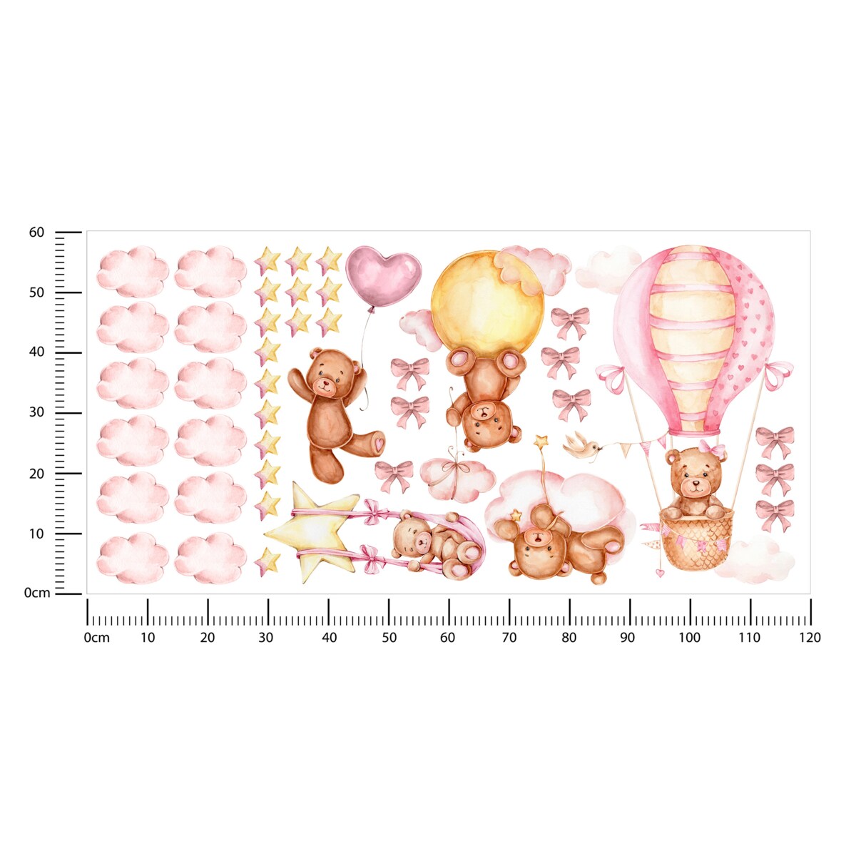 Naklejki Dla Dzieci Misie Różowe Chmurki Balony Gwiazdy Kokardki ZESTAW 120x60cm