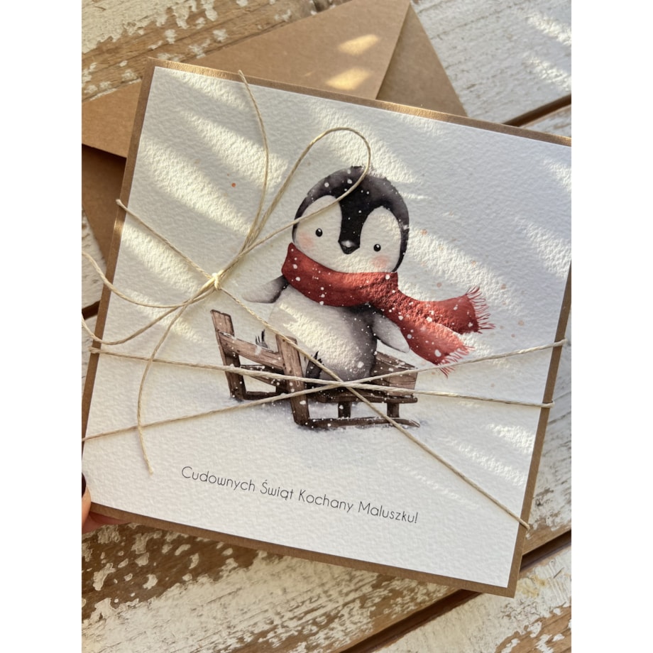 Kartka świąteczna ręcznie robiona na Boże Narodzenie z pingwinkiem 3