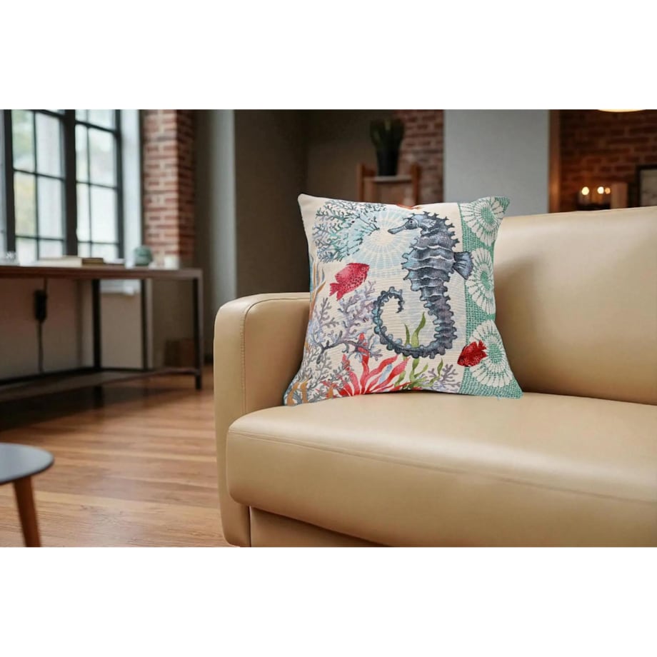 Dwustronna poduszka gobelinowa z konikiem morskim 45x45 Morskie Opowieści - seledyn