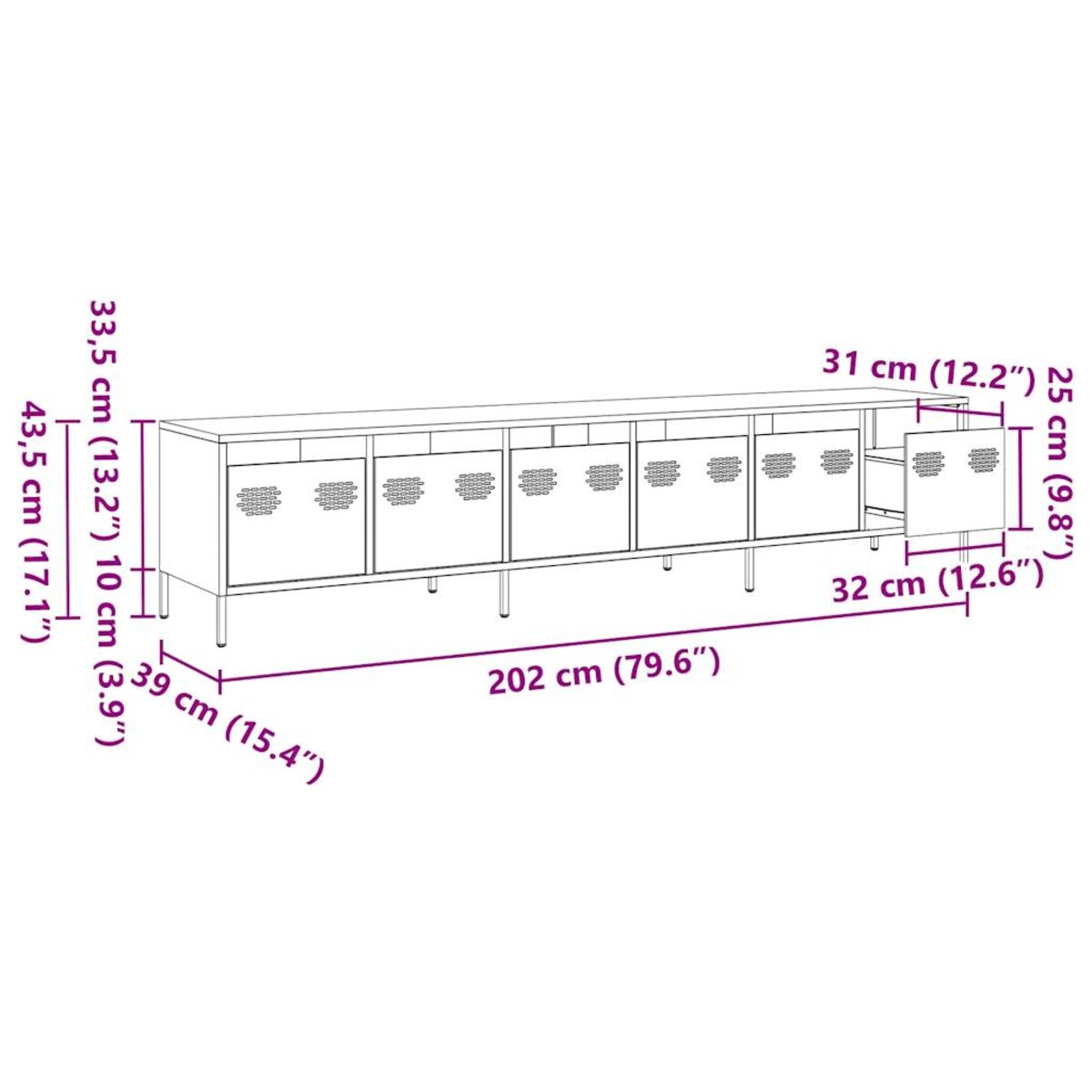 vidaXL Szafka RTV, czarna, 202x39x43,5 cm, stal walcowana na zimno