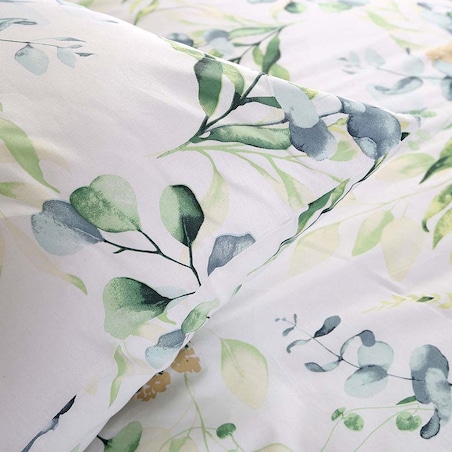 Pościel bawełniana 140x200 Silva biała z subtelnym wzorem zielonych i niebieskich liści, Cottonlove