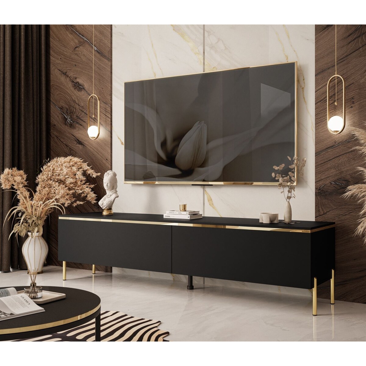 Szafka RTV AURORA czarny mat nogi proste złote