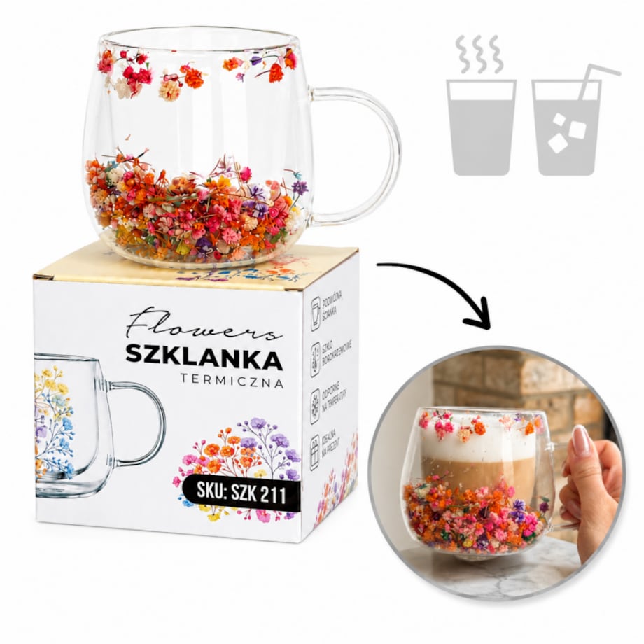 Szklanka termiczna z kwiatami w środku, gipsówka kolorowa 300 ml 1szt SZK211