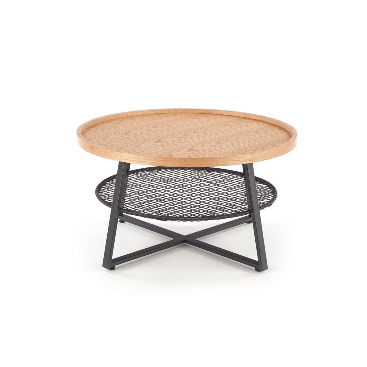 STOLIK KAWOWY Florence dąb OKRĄGŁY 80/45 cm półka z rattanu