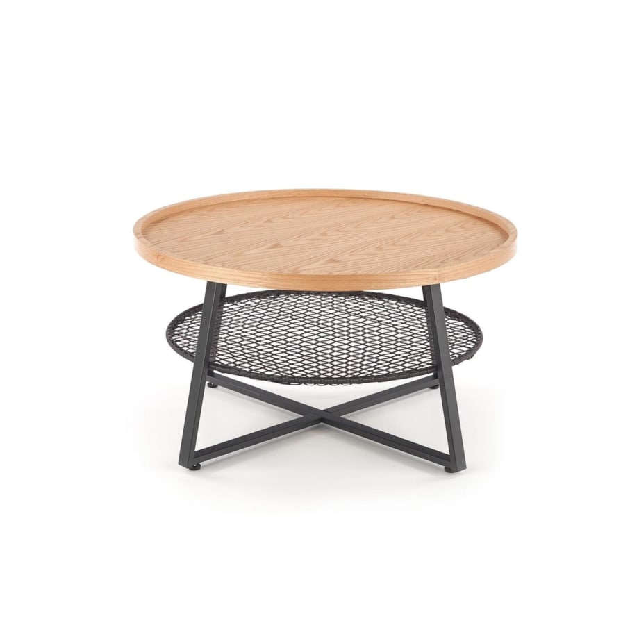 STOLIK KAWOWY Florence dąb OKRĄGŁY 80/45 cm półka z rattanu