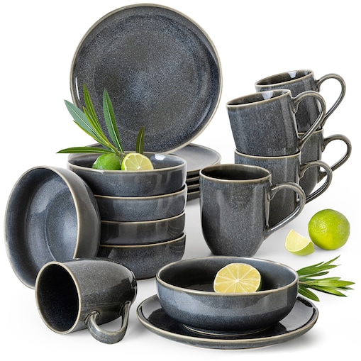 EDA Zestaw śniadaniowy 6 os. (18 el.), niebieski/szary/beżowy