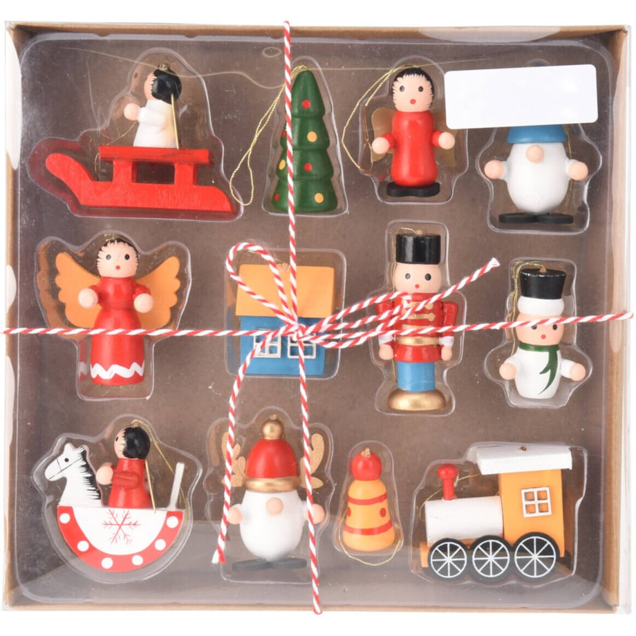 Zestaw drewnianych zabawek choinkowych, 12 szt.