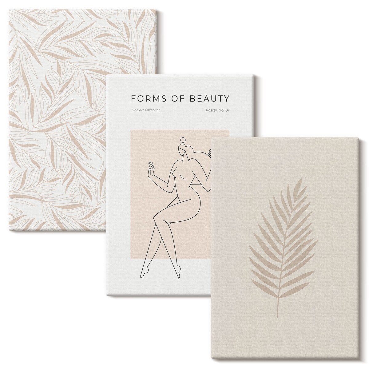 Zestaw 3 małych obrazów na płótnie - Motywy minimalistyczne botaniczne - beżowy