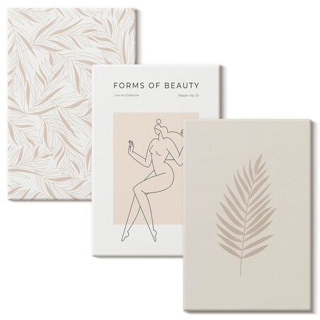 Zestaw 3 małych obrazów na płótnie - Motywy minimalistyczne botaniczne - beżowy