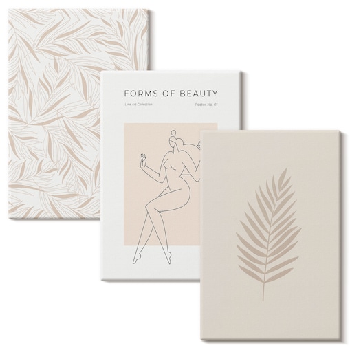 Zestaw 3 małych obrazów na płótnie - Motywy minimalistyczne botaniczne - beżowy